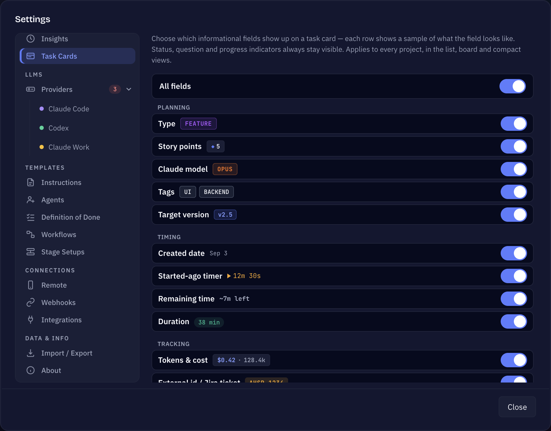 Sightdeck AI Settings, Task Cards tab: a switch per card field with a sample of each