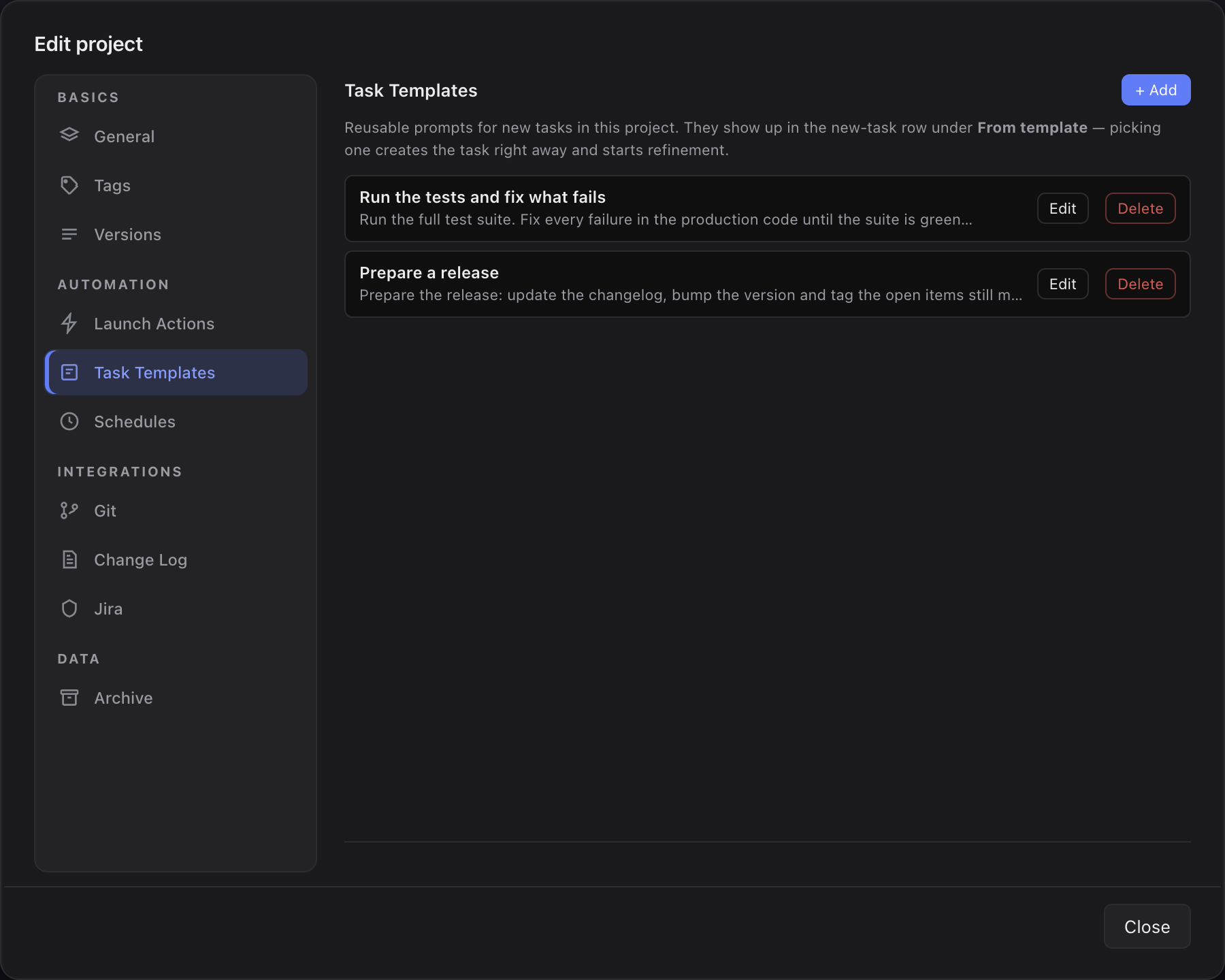 Project settings Task Templates tab with two saved templates