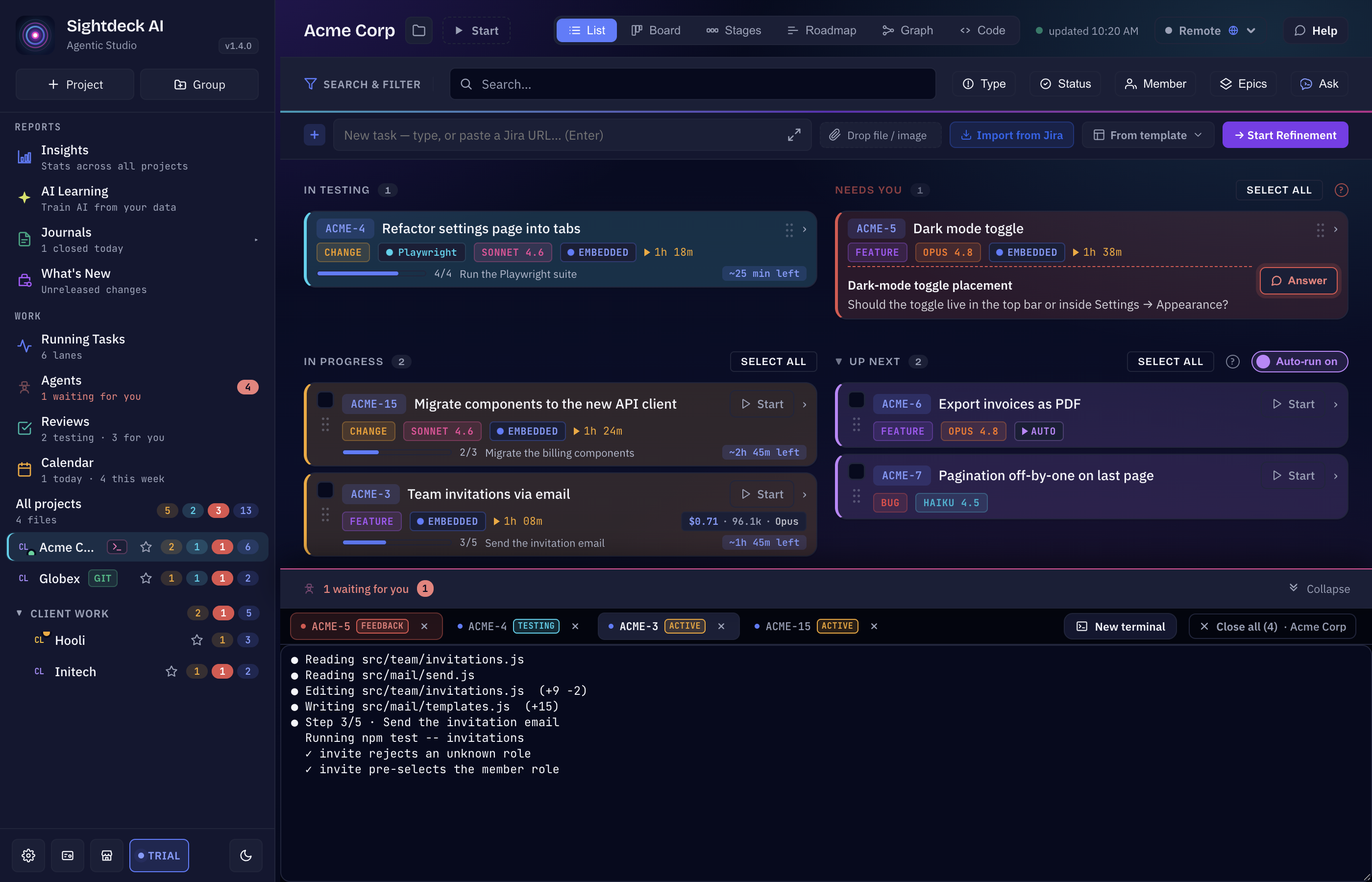 The terminal dock under a project, showing a running agent session