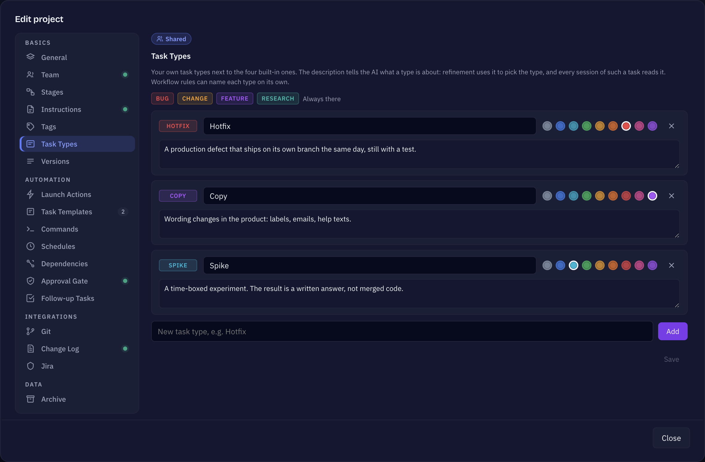 Sightdeck AI project settings, Task Types tab: the four built-in types, custom types with name, colour dots and description, and the Save button