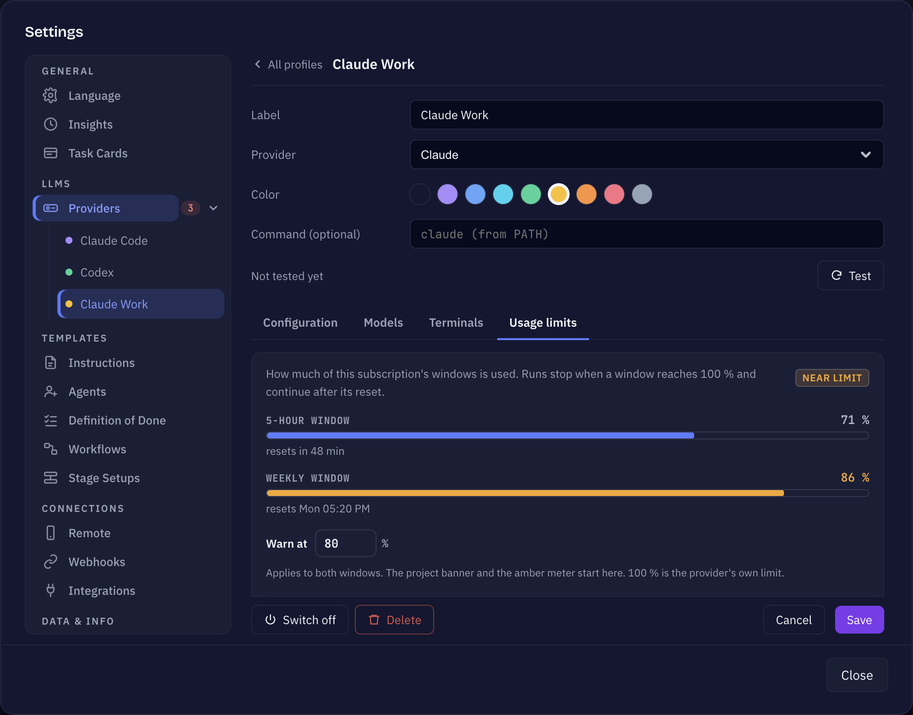 Sightdeck AI: Usage limits on a Claude provider profile with meters for the 5-hour and weekly window, and a project banner warning that the provider is near its limit