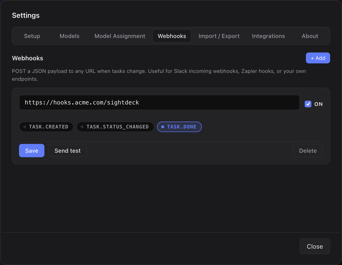 Settings Webhooks tab for posting a JSON payload on task changes