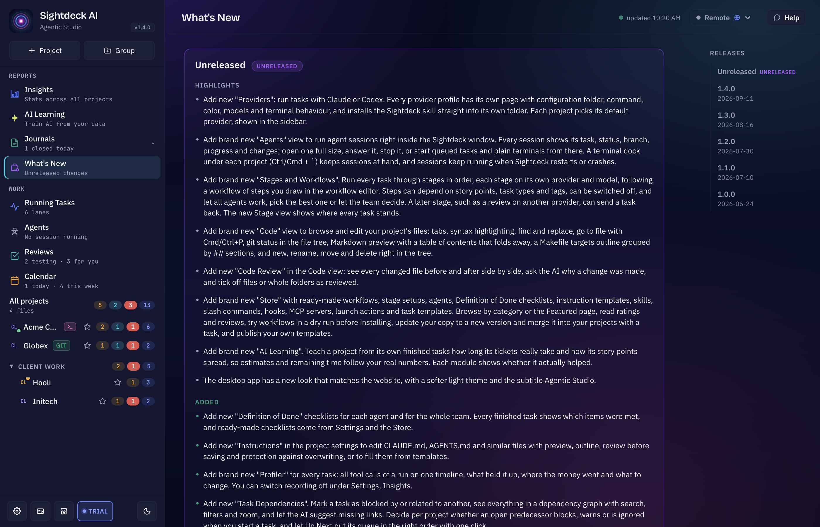 Sightdeck AI What's New view: release cards with Added, Changed and Fixed entries