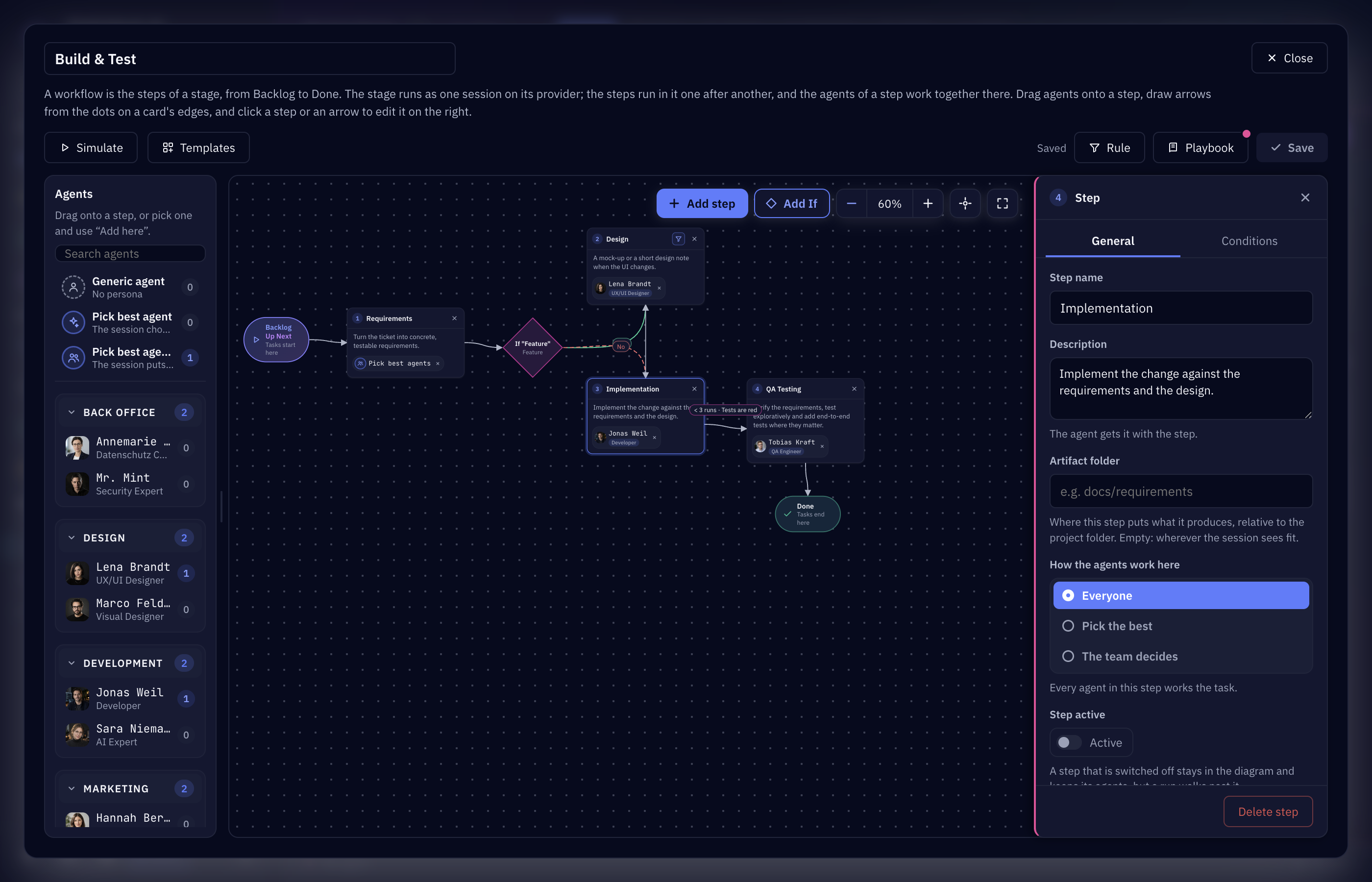 Sightdeck AI workflow editor: steps from Backlog to Done connected by arrows, an If decision, agents on the steps and the details panel of the selected step on the right