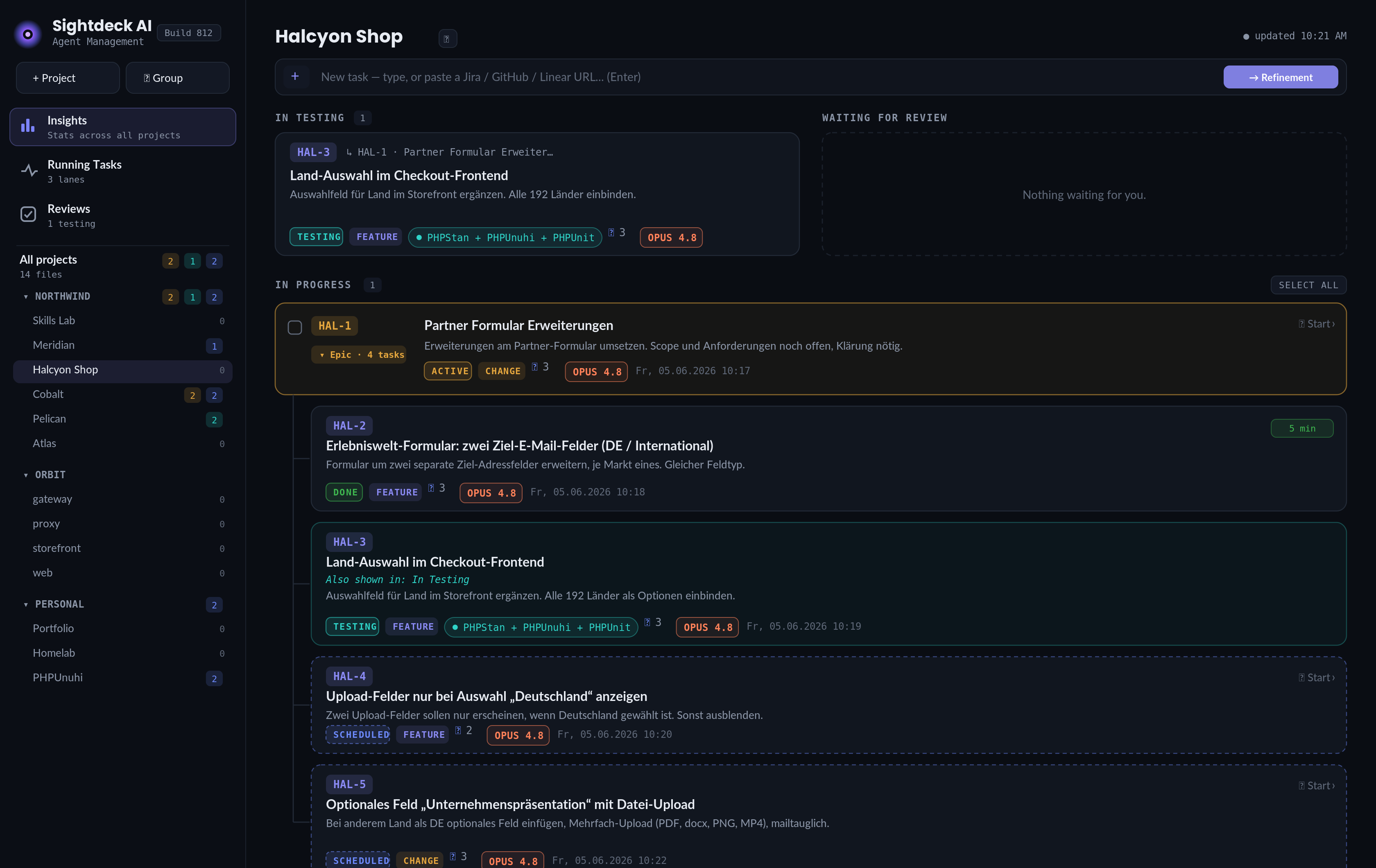 Sightdeck AI board showing tasks across projects